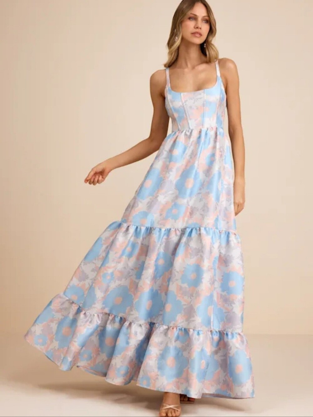 Lulus Avalie Cream Floral Pockets Tiered Corset Boning Bustier Maxi Dress S